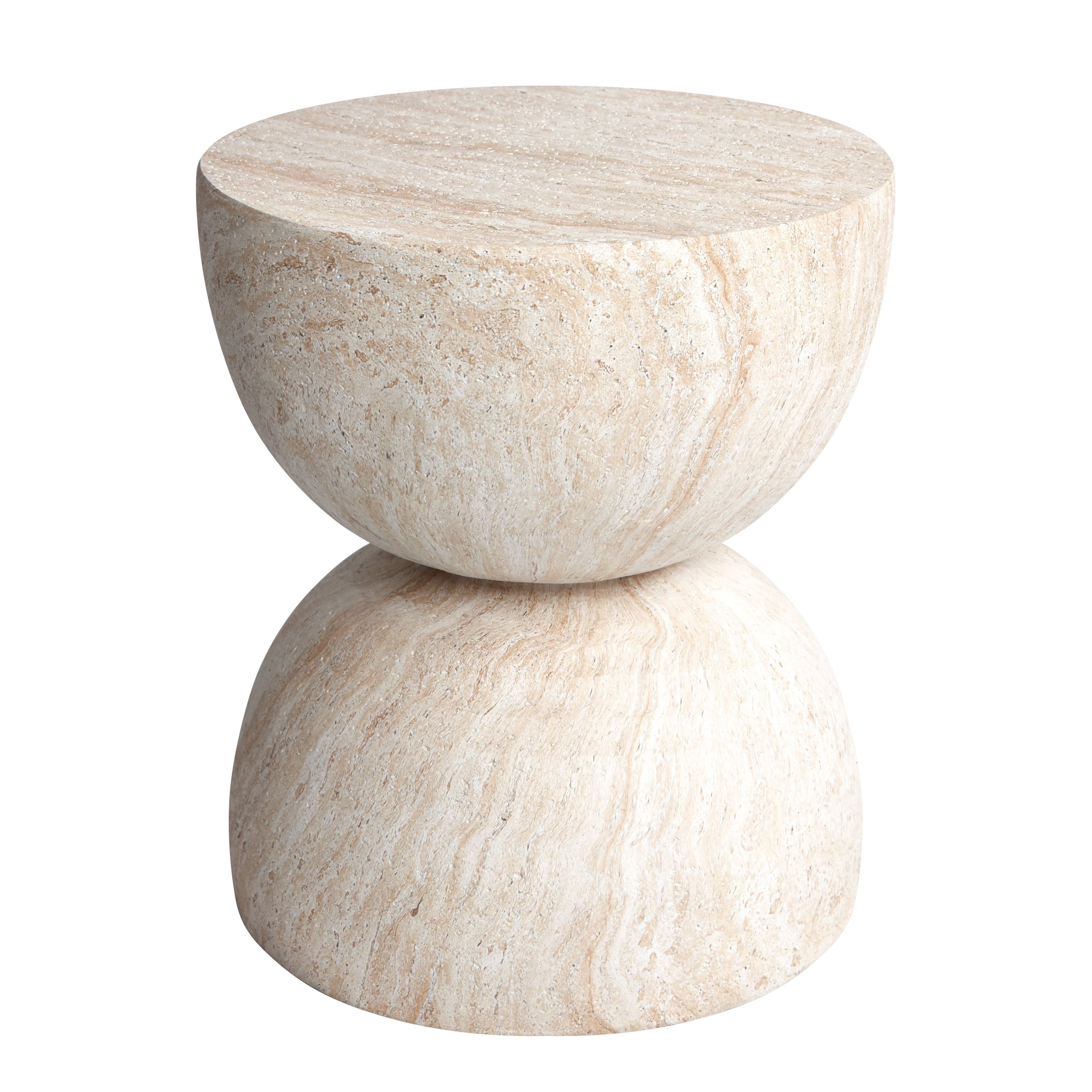 Double Hourglass Travertine Stone Finish Italian Design MgO Side Accent Table