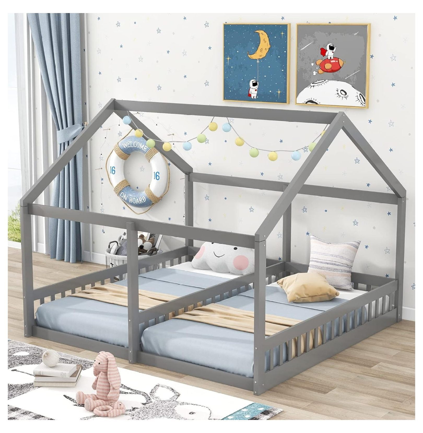 Double House Beds, Montessori Bed Size Floor Bed with Rails and Roof