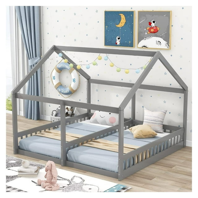 Double House Beds, Montessori Bed Size Floor Bed with Rails and Roof