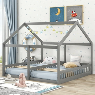 Double House Platform Beds with Roof and Window, Solid Wood Twin Size Platform Bed Frame with Safety Guardrails, 2 In 1 Platform Bed, House Bed Tent Bed, Can Be Decorated, No Box Spring Needed, Gray