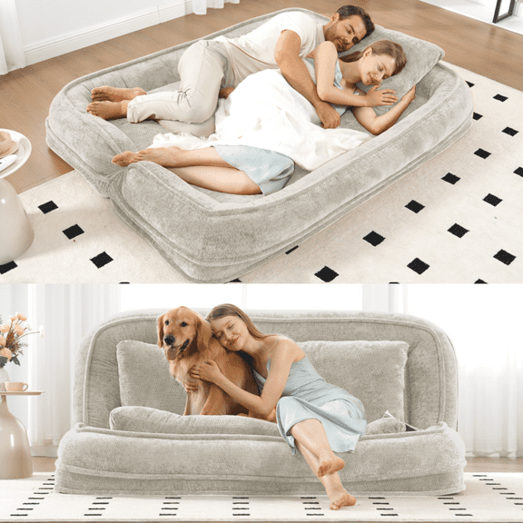 Double Human Dog Bed for Adult, 2-in-1 Loveseat and Floor Couch with 5 Adjustable Backrest, Chenille Human Size Pet Bed, 71"x58"x13", Beige