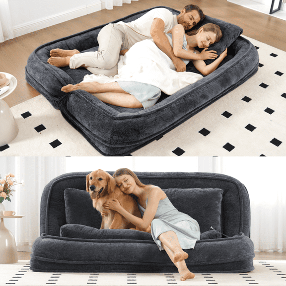 Double Human Dog Bed for Adult, 2-in-1 Loveseat and Floor Couch with 5 Adjustable Backrest, Chenille Human Size Pet Bed, 71"x58"x13", Dark Gray