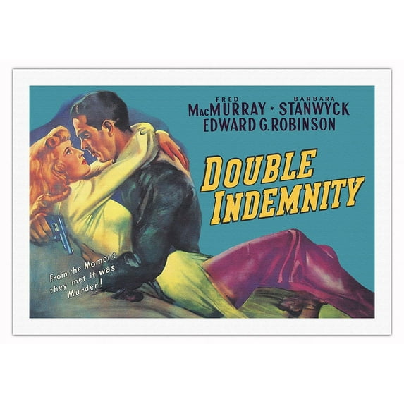 Double Indemnity - Starring Fred MacMurray and Barbara Stanwyck - Vintage Film Noir Movie Poster c.1944 - Fine Art Rolled Canvas Print 27in x 40in
