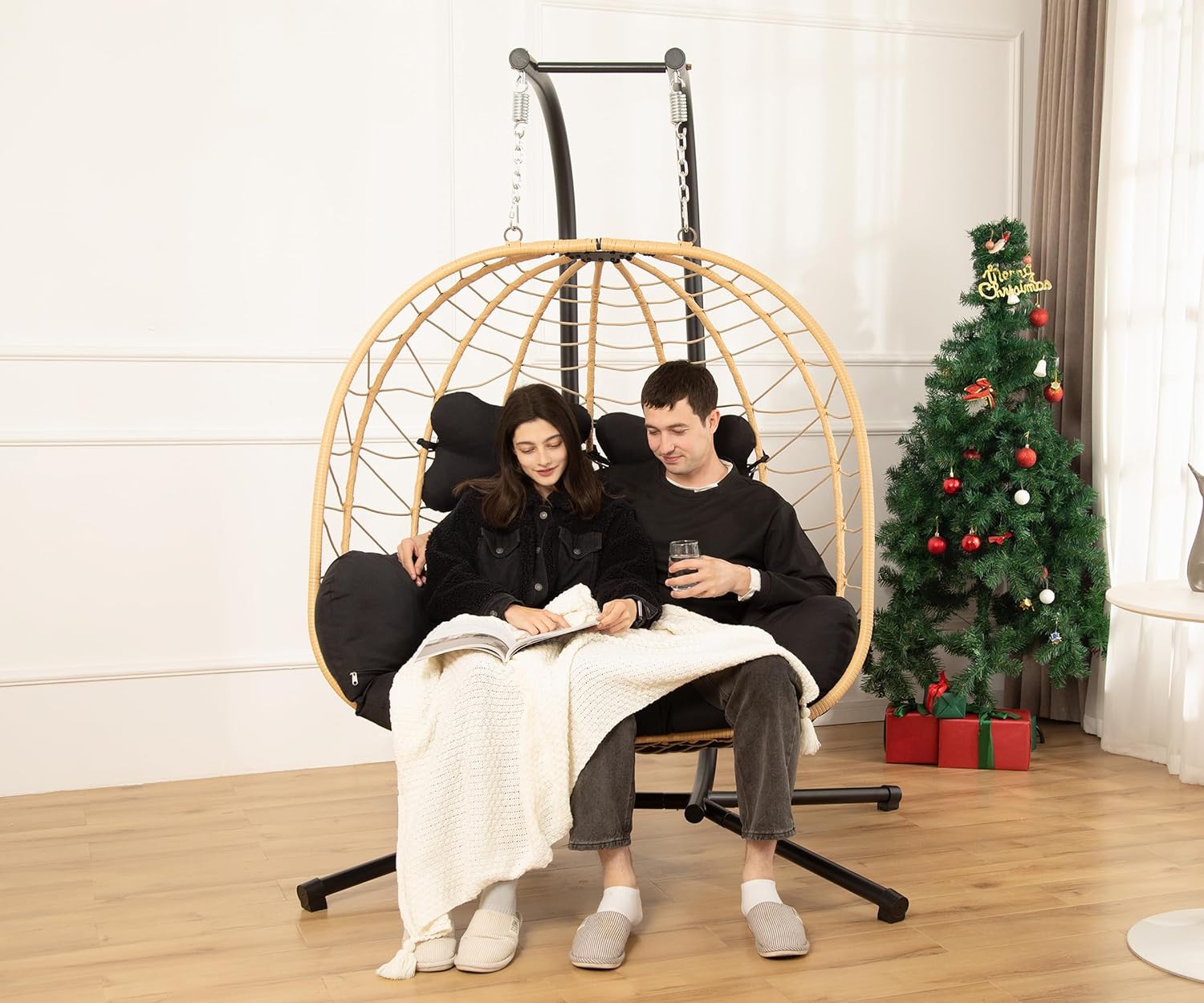Double Indoor/Outdoor Wicker Swing Egg Chair Hammock Foldable Hanging