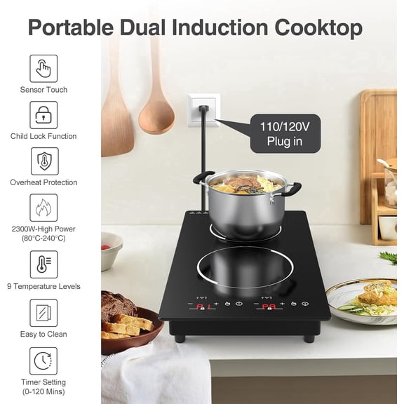 Double Induction Cooktop,110V 2 Burner Induction Cooktop,2300W Electric Stove Top with Independent Control, Ultrathin Body, 9 Temperature, Multiple Power Levels, 2 Hour Timer, Safety Lock
