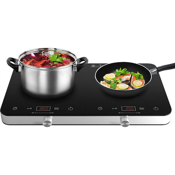 Double Induction Cooktop Burner, 1800w 2 burner Cooker Cooktop, 10 Temperature 9 Power Settings Portable Electric Countertop Burner Touch Stove with Child Safety Lock & Timer