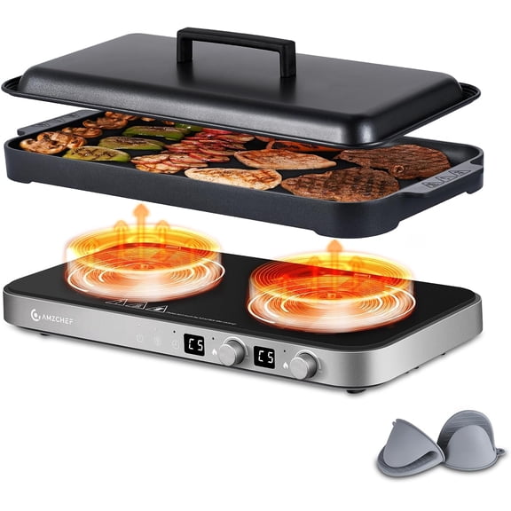 Double Induction Cooktop with Removable Griddle Pan Non-stick, 1800W 2 burner Portable Induction Stove With Sensor Touch 9 Power Levels, 99 Min Timer, Iron Grey