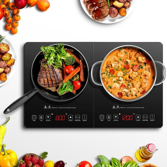 Sunmaki Double Induction Cooktop Portable Electric Stove 2 Burners Electric Cooktops 1800W, 10 Temperature & Power Levels