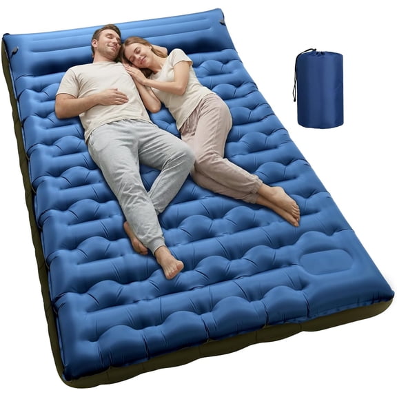 Double Inflatable Camping Sleeping Pad 6-Inch Thick Queen Size, Built-In Foot Pump and Pillow, Waterproof and Portable