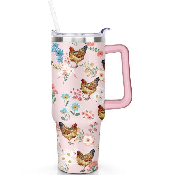 Double Insulated 40oz Chicken Tumbler with Handle, Spill Proof Lid and Straw – Perfect Travel Cup for Men Women