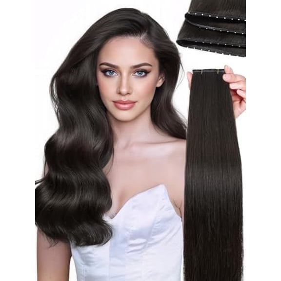 Double Invisible Hand-tied Weft Human Hair Extensions 18 Inch Genius  Tab Remy Human Hair Weft 100g  Bead Hair Extensions Real Human Hair ( Black)