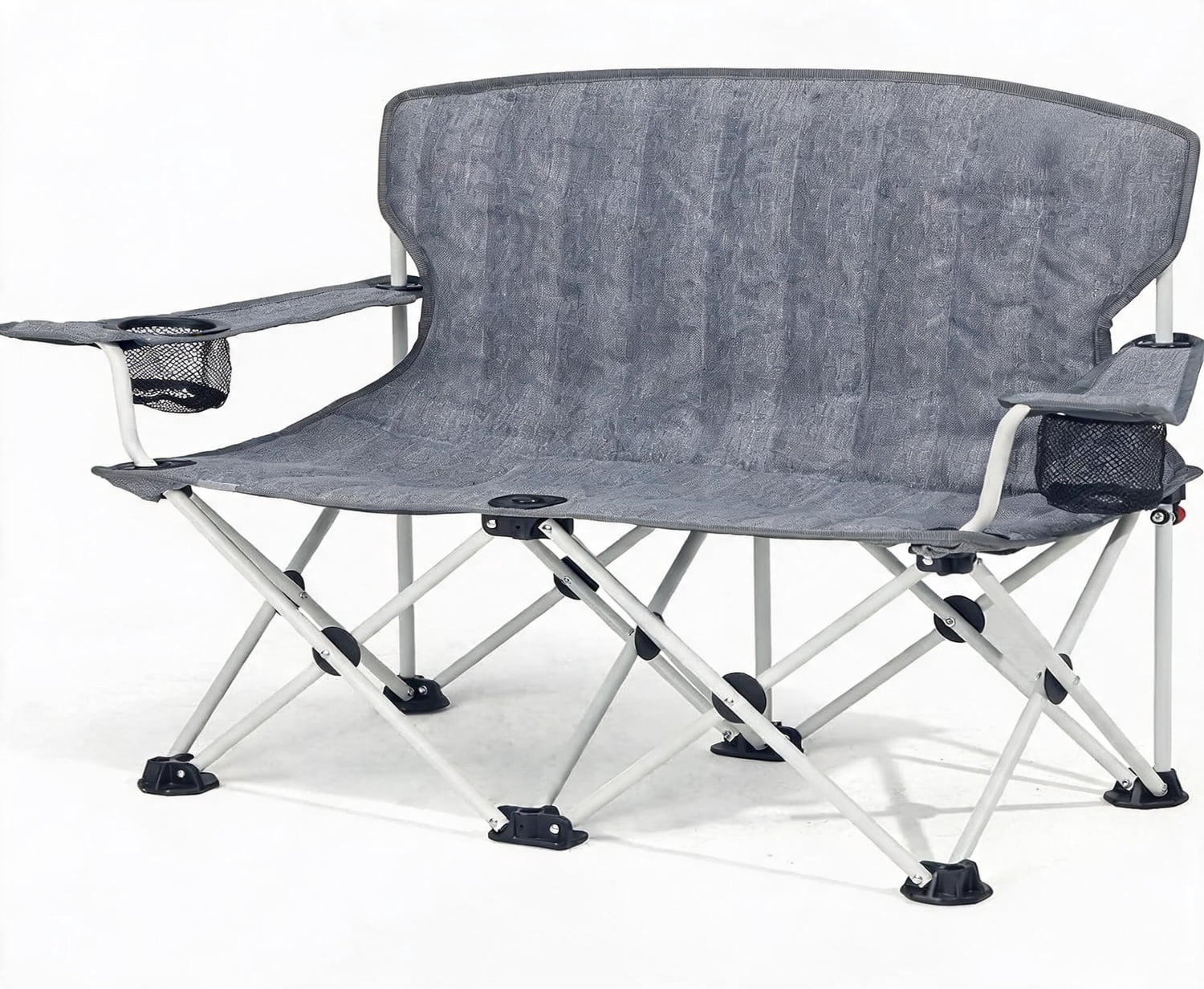 Double Kids Folding Camping Chair with Cup Holders Mesh Pocket Safety Lock and Padded Seat in Grey