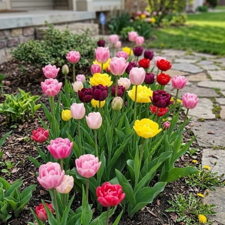 Colorful Double Bloom Mixed Tulips, 10 Bulbs - Red, Pink, Yellow, Purple Flowers - Attracts Bees & Butterflies - Spring Blooming, Easy to Grow & Maintain