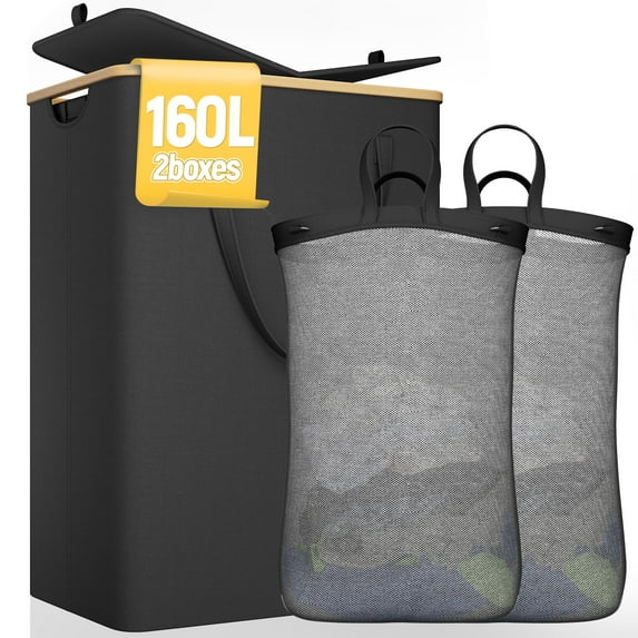 Double Laundry Basket 160L with Lid and 2 Removable Liner Bags, Collapsible Dirty Clothes Hamper with Handles for Bedroom, Laundry Room, Closet, Black