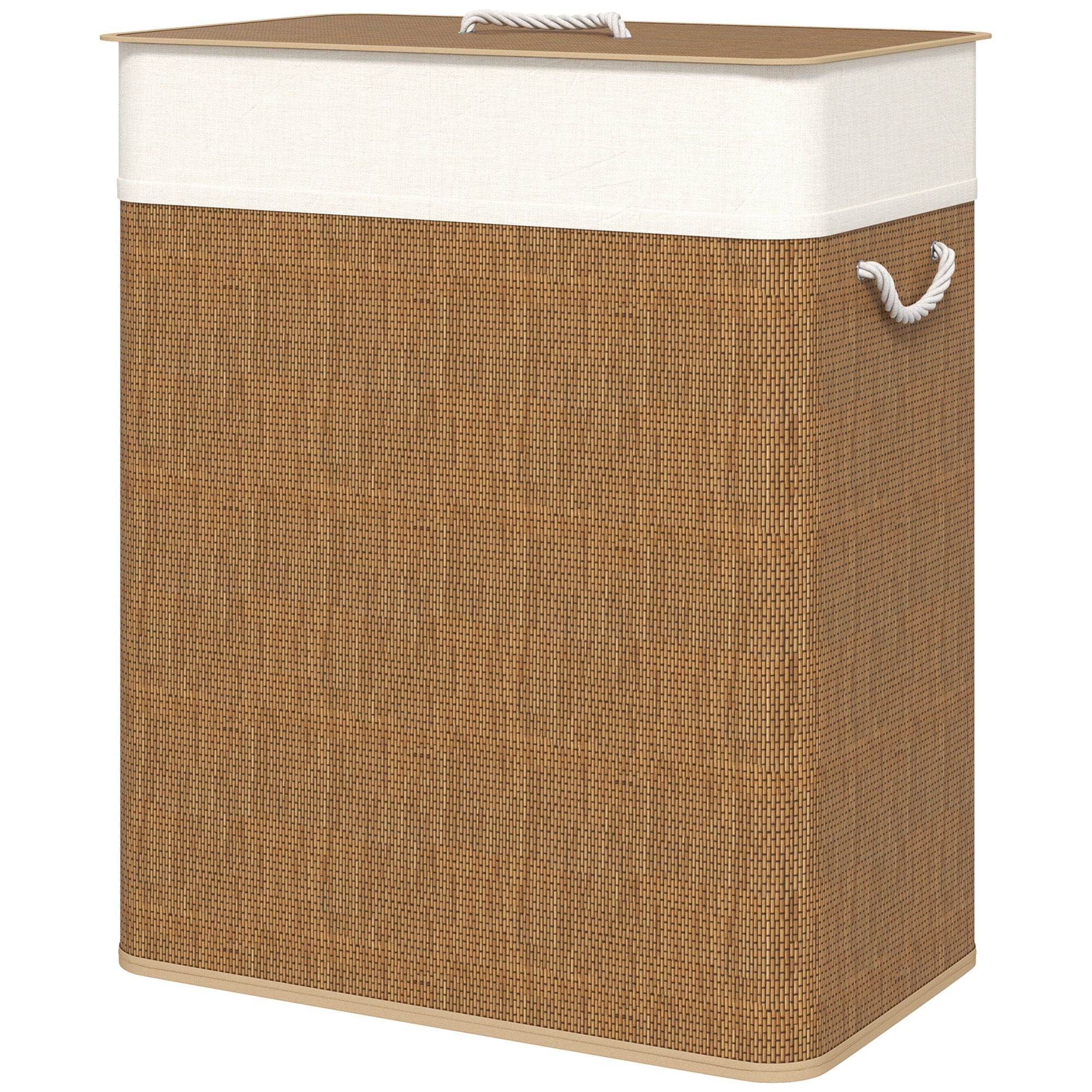Double Laundry Basket with Lid, 26.4 Gallon Bamboo Laundry Hamper with Rope Handles and Removable Liner, Brown