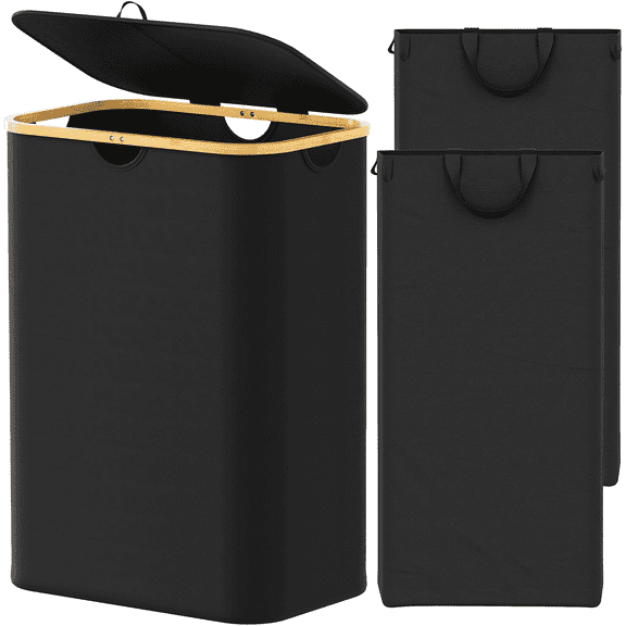 Double Laundry Hamper 2 Section with Lid and Removable Laundry Bags, 160L Clothes Basket with Bamboo Handles, Large Collapsible Hamper for Bedroom, Bathroom, Dorm, Laundry Room - Black