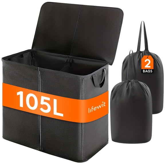 [Double Laundry Hamper] Large 105L Double Laundry Hamper - Divided Basket with Lid, Removable Bags, and Handles - Black