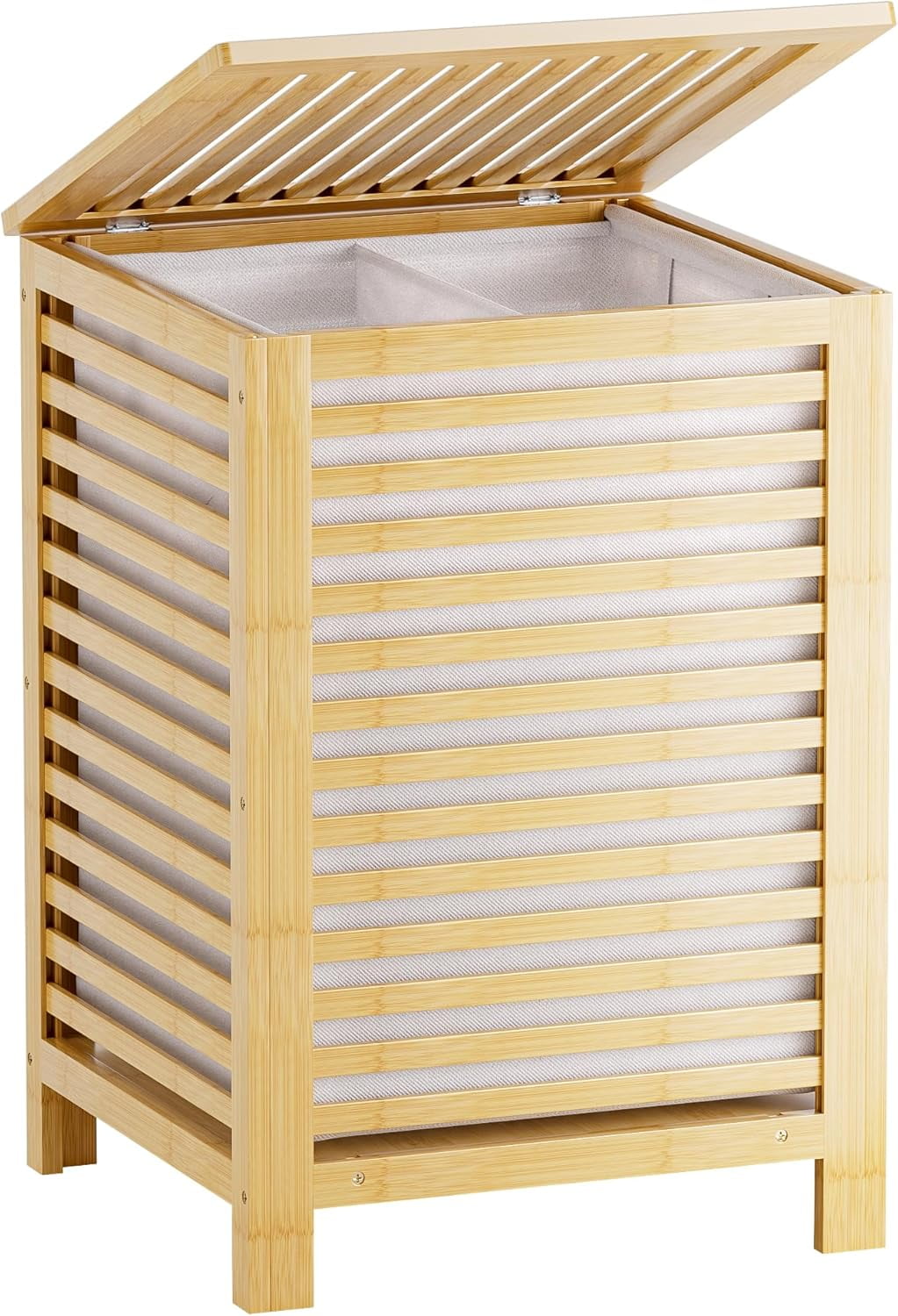 Double Laundry Hamper with Lid, 120L Bamboo Laundry Basket with ...
