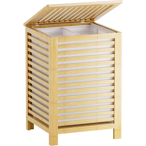 Double Laundry Hamper with Lid, 120L Bamboo Laundry Basket with Removable Liner Bag, 2-Section Clothes Divider Laundry Sorter for Laundry Room, Bathroom, Bedroom (Natural)