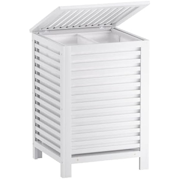 Double Laundry Hamper with Lid, 120L Bamboo Laundry Basket with Removable Liner Bag, 2-Section Clothes Divider Laundry Sorter for Laundry Room, Bathroom, Bedroom (White)