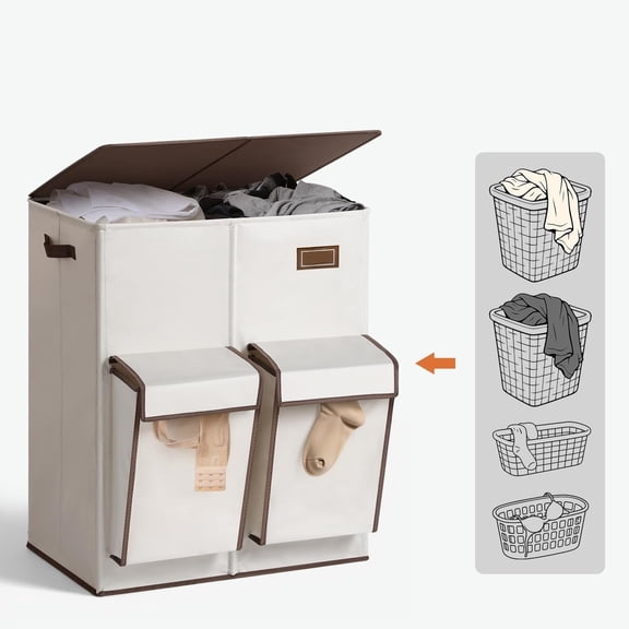 Double Laundry Hamper with Lid, 47.8 Gal (180L) Large Laundr Basket 2 Section with 2 Side Pockets, Dirty Clothes Hamper with Removable Bag, Easy to Carry for Laundry Room, Bedroom, Beige