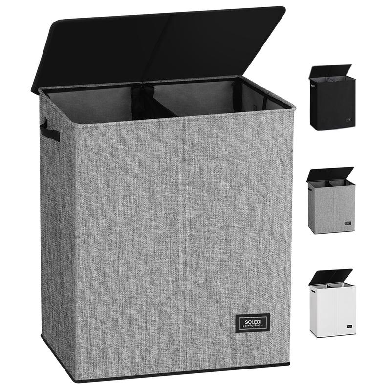 Double Laundry Hamper with Lid and Handle, Laundry Basket 2 Section