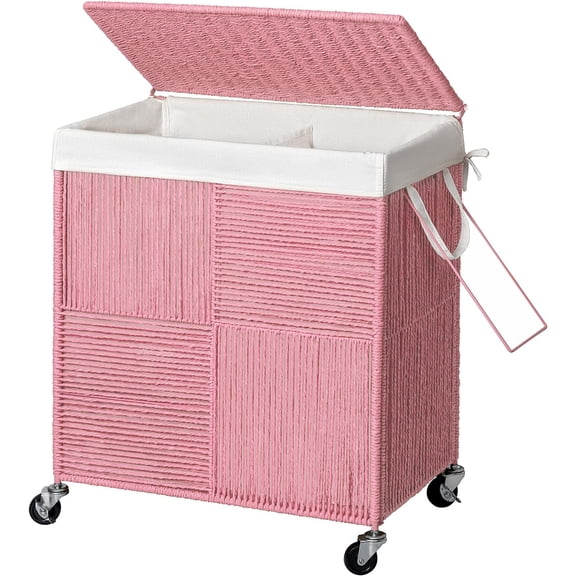 Double Laundry Hamper with Lid, Handwoven Rolling Laundry Basket with Wheels, 115L Dirty Clothes Hamper with Removable Liner Bag Large Capacity Laundry Sorter Laundry Room Organization,