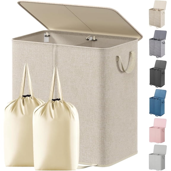 Double Laundry Hamper with Lid and Removable Bags, Large Collapsible 2 Dividers Dirty Clothes Basket Handles for Bedroom Room Closet Bathroom College, 144L Beige