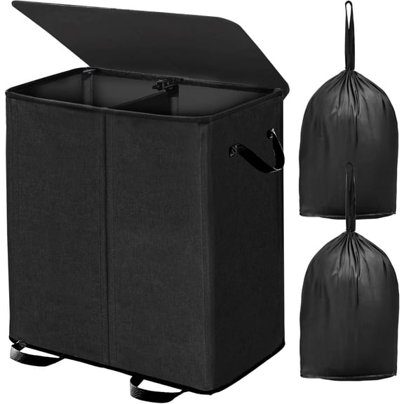 Double Laundry Hamper with Lid and Removable Bags, Laundry Basket 2 Section, Double Hampers for Laundry, Large Divided Hamper, Dual Laundry Hamper 2 Section with Handles Dorm 140L Black