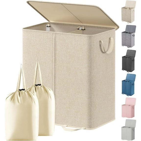 Double Laundry Hamper with Lid and Removable Laundry Bags, Large Collapsible 2 Dividers Dirty Clothes Basket with Handles for Bedroom Laundry Room Closet Bathroom College, 136L Beige