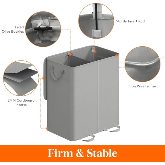 Double Laundry Hamper with Lid and Removable Laundry Bags, Large Collapsible 2 Dividers Dirty Clothes Basket with Handles for Bedroom, Laundry Room, Closet, Bathroom, College, 155L Silver Gray
