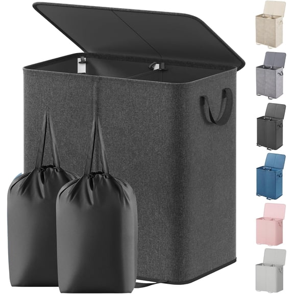 Double Laundry Hamper with Lid and Removable Laundry Bags, Large Collapsible 2 Dividers Dirty Clothes Basket with Handles for Bedroom Laundry Room Closet Bathroom College, 136L Black