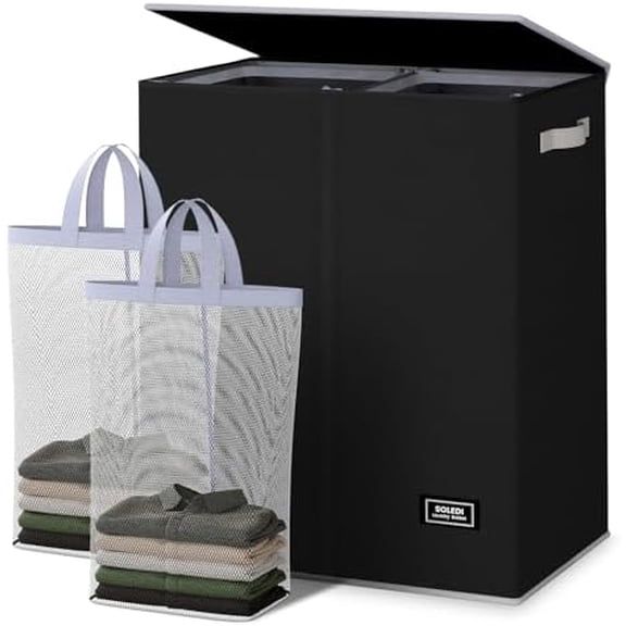 Double Laundry Hamper with Lid and Removable Laundry Bags - Large Dirty Clothes Hamper 2 Section - Collapsible Laundry Baskets for Bedroom, Bathroom, Laundry room, Apartment, Black