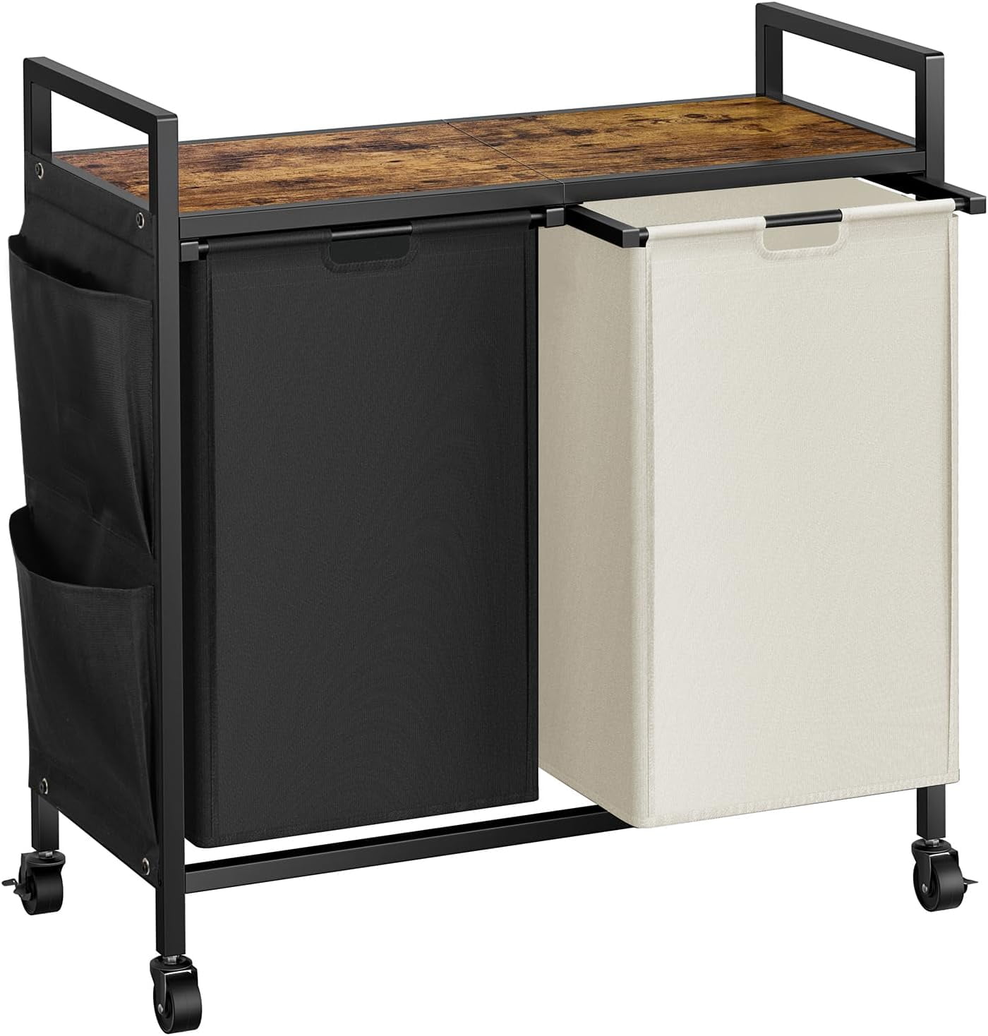 Double Laundry Hamper with Lid,Rolling Laundry Basket Organizer with Wheels, Iron-Made Laundry Sorter with Top Shelf and 2 Removable Bags,Large Clothes Storage for Room,Black and Beige
