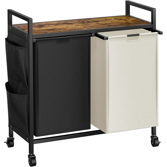 Double Laundry Hamper with Lid,Rolling Laundry Basket Organizer with Wheels, Iron-Made Laundry Sorter with Top Shelf and 2 Removable Bags,Large Clothes Storage for Room,Black and Beige