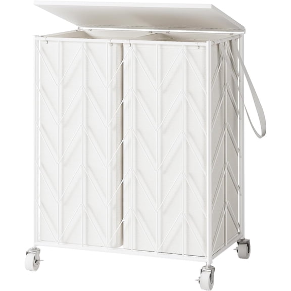 Double Laundry Hamper with Lid, Rolling Laundry Basket with Wheels | Heavy Duty Wire Clothes Hamper with Divided Removable Bags, Large Iron-Made Laundry Sorter Laundry Room Organization, White