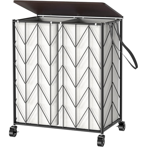 Double Laundry Hamper with Lid, Rolling Laundry Basket with Wheels | Heavy Duty Wire Clothes Hamper with Divided Removable Bags, Large Iron-Made Laundry Sorter Laundry Room Organization, Beige