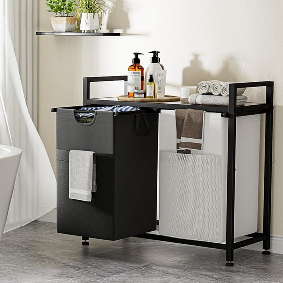 Double Laundry Hamper, Multifunctional Basket Organizer, 112L Laundry Sorter with Removable Bags and Fabric Handles, Large Top Shelf Laundry Bag for Bathroom, Dorm, Laundry Room