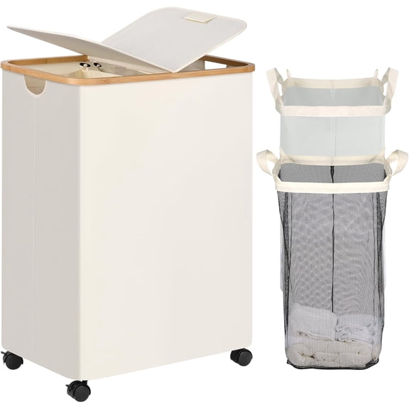 Double Laundry Hamper with Wheels, Divided Laundry Hamper with Removable Bags, 2 Section Dirty Clothes Basket with Handles for Bathroom, Bedroom & Laundry Room, 160L Beige