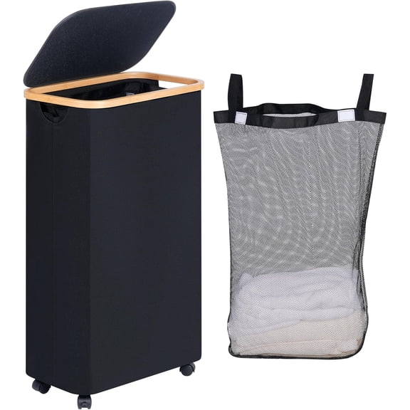 Double Laundry Hamper with Wheels, Divided Laundry Hamper with Removable Bags,  Section Dirty Clothes Basket with Handles for Bathroom, Bedroom & Laundry Room
