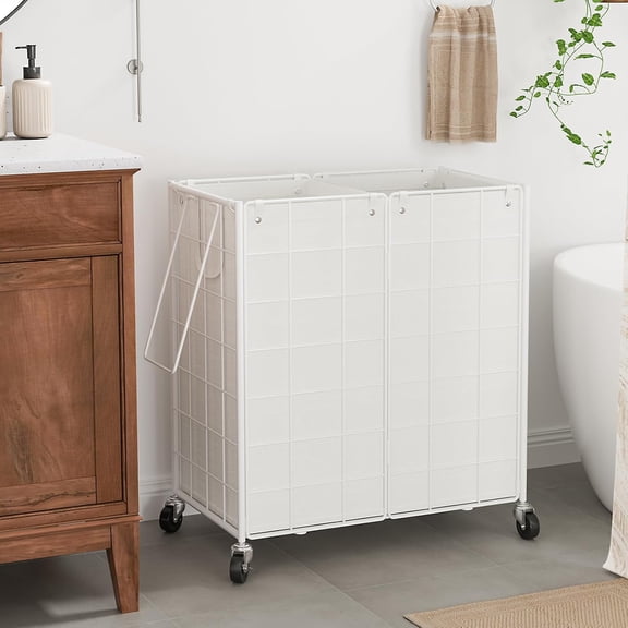 Double Laundry Hamper with Wheels,Metal Wire Frame Rolling Laundry Basket with 2 Removable bags,120L Dirty Clothes Hamper Organizer Dorm Room Storage for Bedroom,Bathroom,White