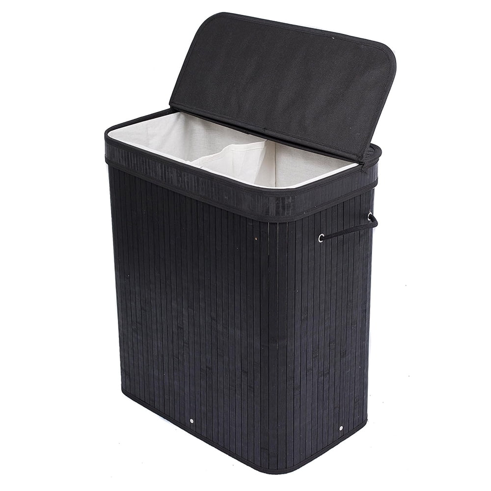 Double Laundry Hamper with Lid and Cloth Liner - Bamboo - Black ...