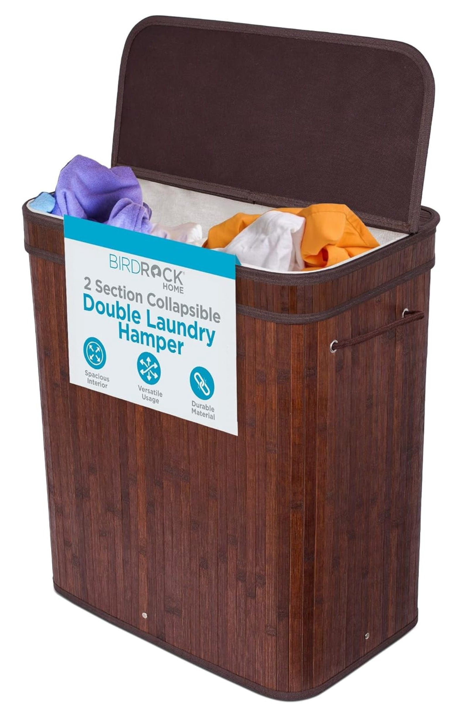 Double Laundry Hamper with Lid and Cloth Liner - Bamboo - Espresso ...