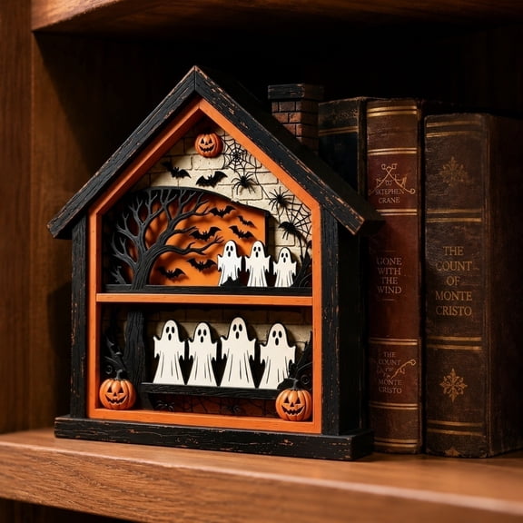 Double Layer 3D House-Shaped Wooden Halloween Ornament,Distressed Wood Wall Hanging Tabletop Decor for Entryway Fireplace Mantel Holiday Gift,5.9"x5.1"