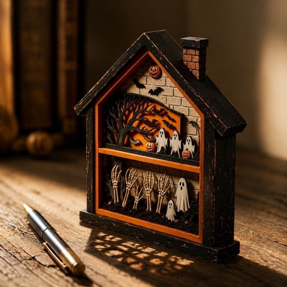 Double Layer 3D House-Shaped Wooden Halloween Ornament,Distressed Wood Wall Hanging Tabletop Decor for Entryway Fireplace Mantel Holiday Gift,5.9"x5.1"