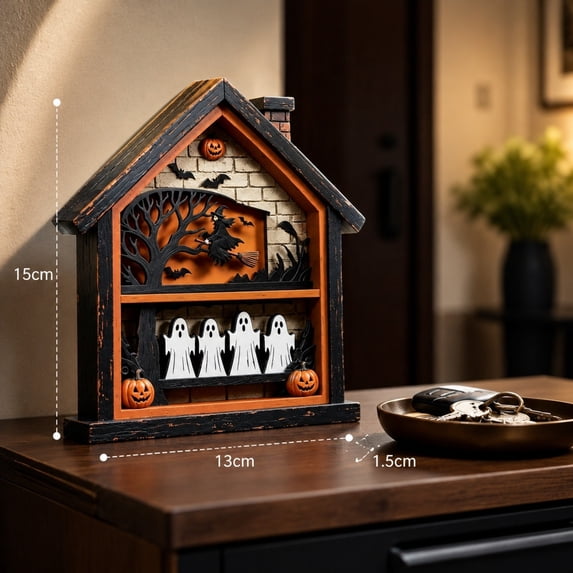 Double Layer 3D House-Shaped Wooden Halloween Ornament,Distressed Wood Wall Hanging Tabletop Decor for Entryway Fireplace Mantel Holiday Gift,5.9"x5.1"