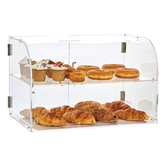 Double Layer Acrylic Pastry Display Case with Removable Shelves and Rear Door 22x14x14 Inches