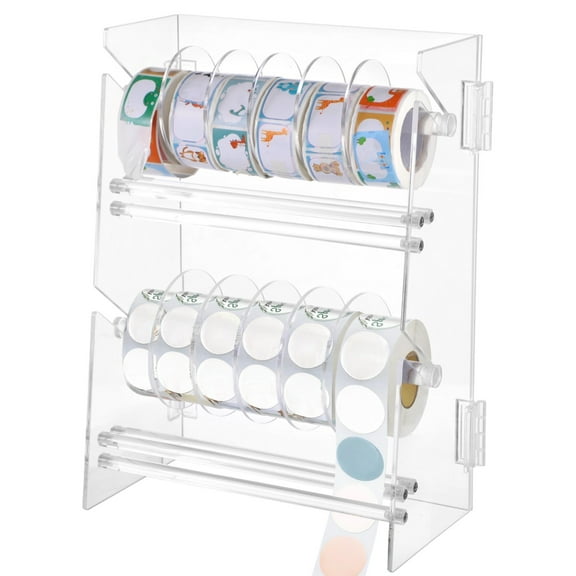 Double-Layer Label Roll Holder,Transparent Acrylic Tape Dispenser,Adjustable Desktop Sticker Roll Holder for Office and Home