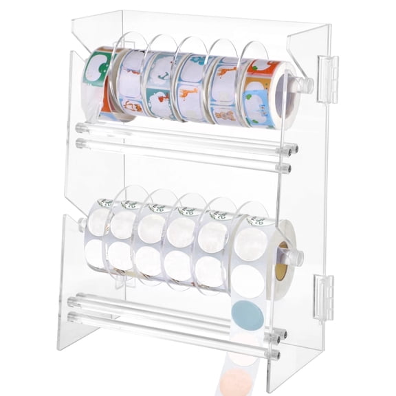 Clear 2-Tier Acrylic Sticker Roll Dispenser, Foldable Multi-Roll Label Holder with Divider Rings & Smooth-Tear Guide Bars, Portable Organizer for Scrapbooking, Craft Room, and Office