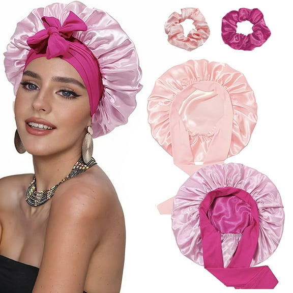 Double Layer Adjustable Tie Band Satin Silk Bonnet Sleep Cap for Sleeping, Double-Sided Color, 2 Pack（Rose pink, pink）